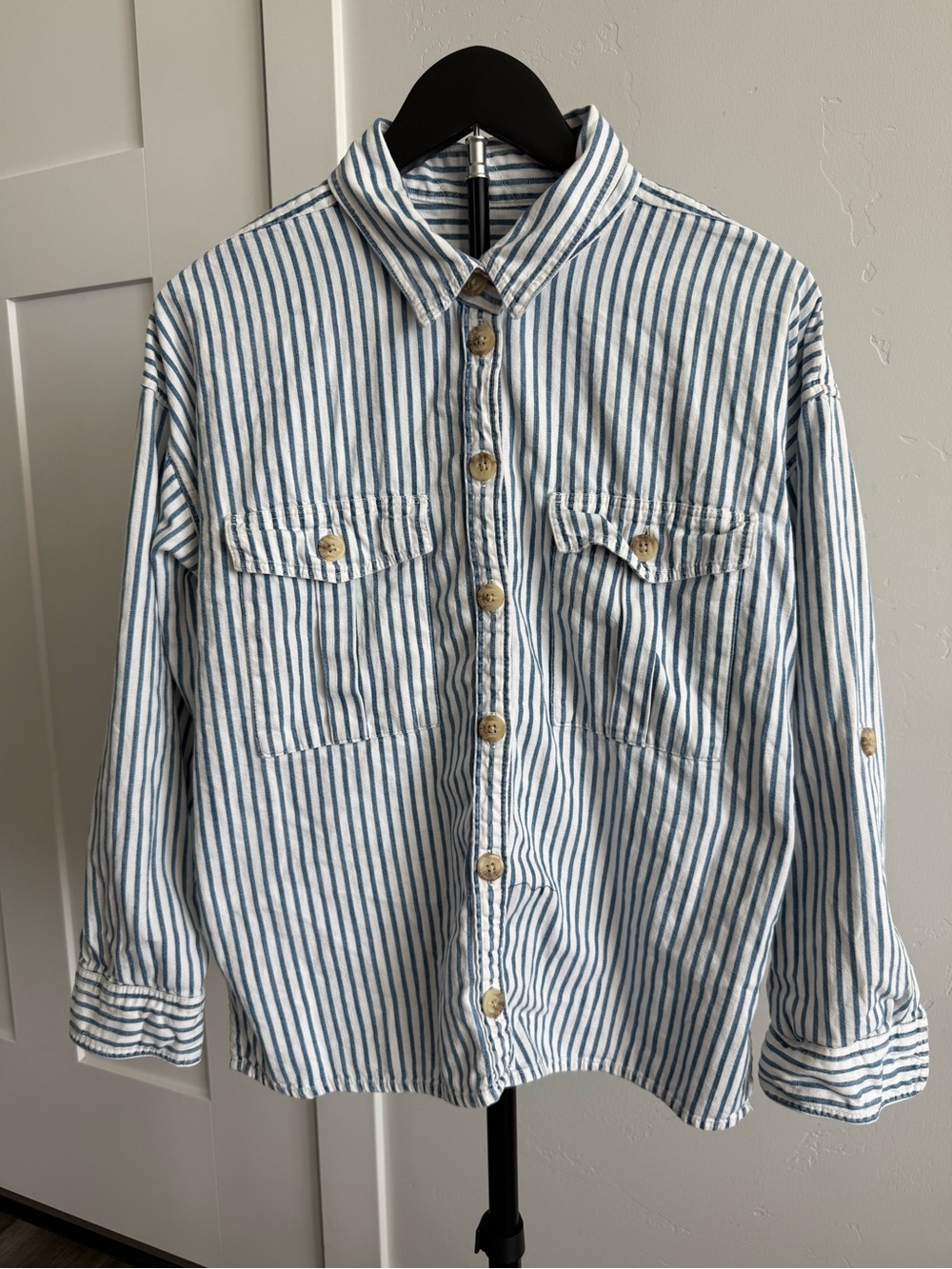 American Eagle Outfitters Blue and White Striped Button-Down Shirt